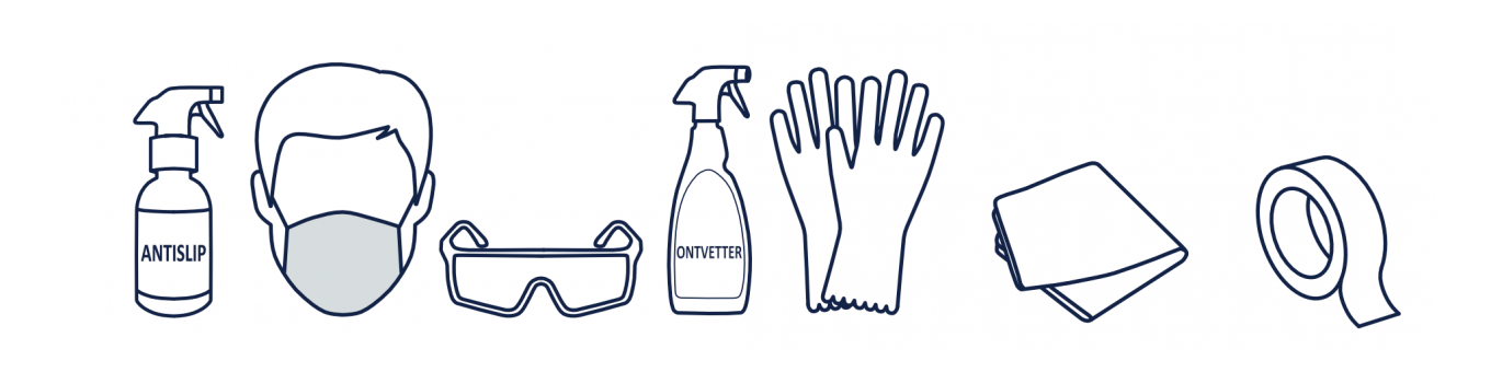 Illustratie van schoonmaakmiddel, een mondkapje, veiligheidsbril, anti-slip spray, handschoenen, doekje, tape