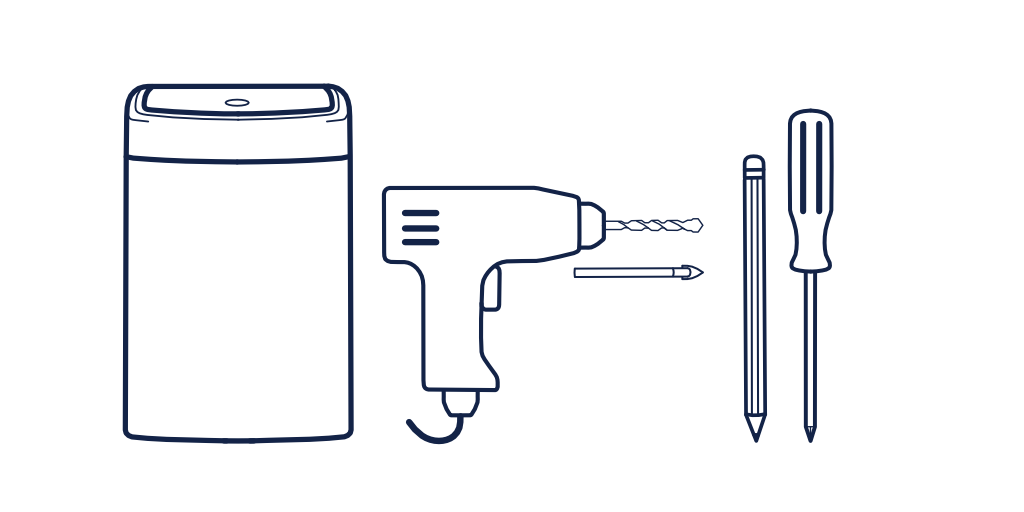Illustratie van een wandafvalemmer, boormachine, potlood en schroevendraaier
