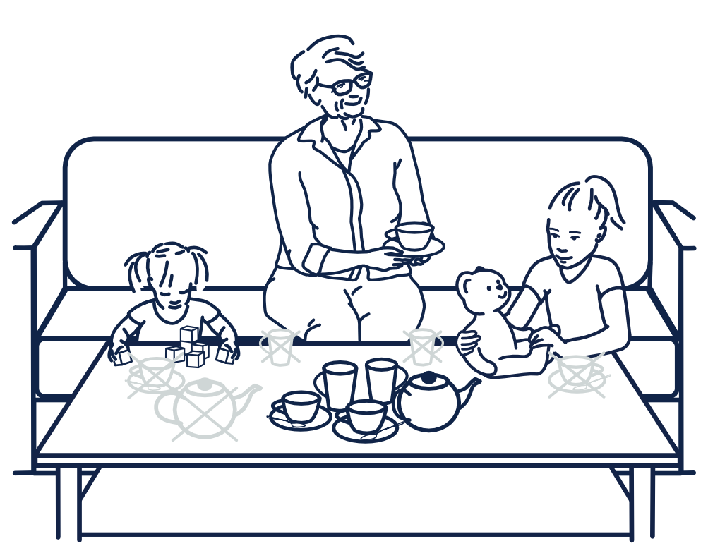 Illustratie van een vrouw en twee kinderen die op een bank zitten. Voor de bank staat een tafel met hete drankjes erop in het midden van de tafel. Aan de rand van de tafel staan kopjes en een theepot met een kruis er doorheen.