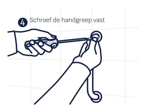 Twee handen die met een schroevendraaier de handgreep vastschroeven aan de tegelmuur