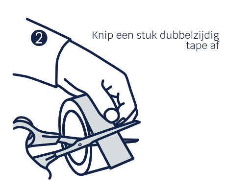 Illustratie van een twee handen die een stuk dubbelzijdig tape afknippen met een schaar